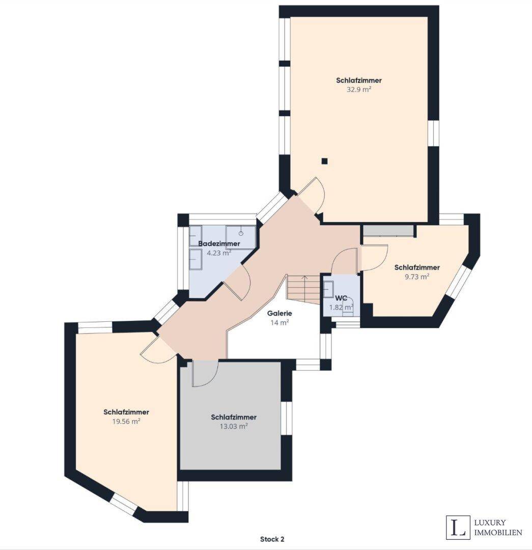 Grundriss des zweiten Obergeschosses mit mehreren Schlafzimmern, Bädern und einer Galerie.