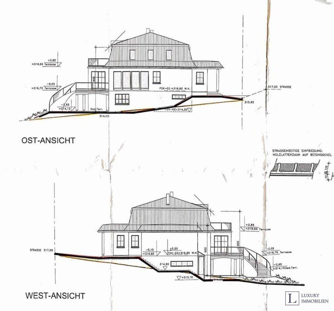Architektonische Ansichten der Ost- und Westseite des Gebäudes mit Terrassen.