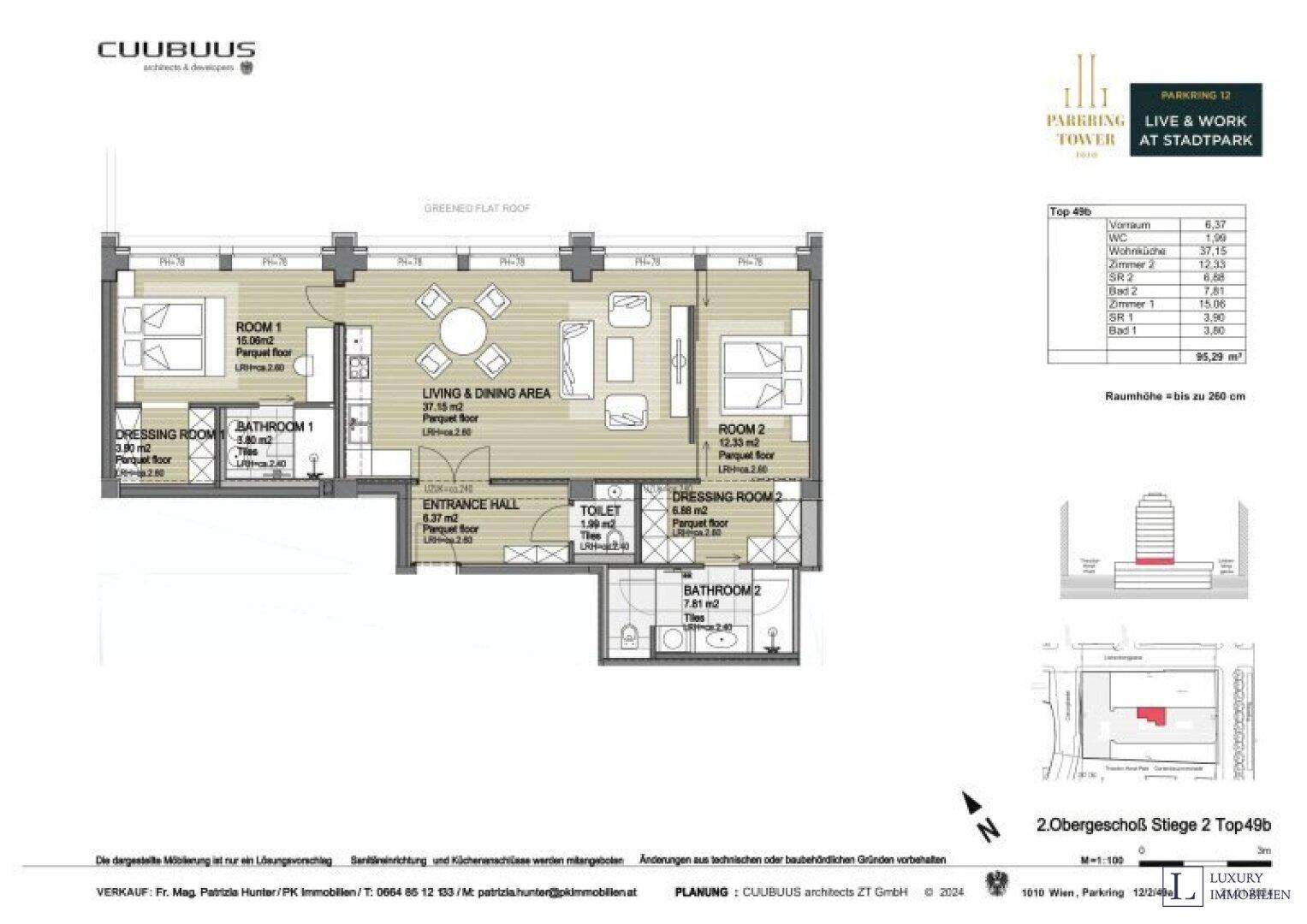 Grundriss einer Wohnung mit zwei Schlafzimmern, zwei Bädern und offenem Wohnbereich.