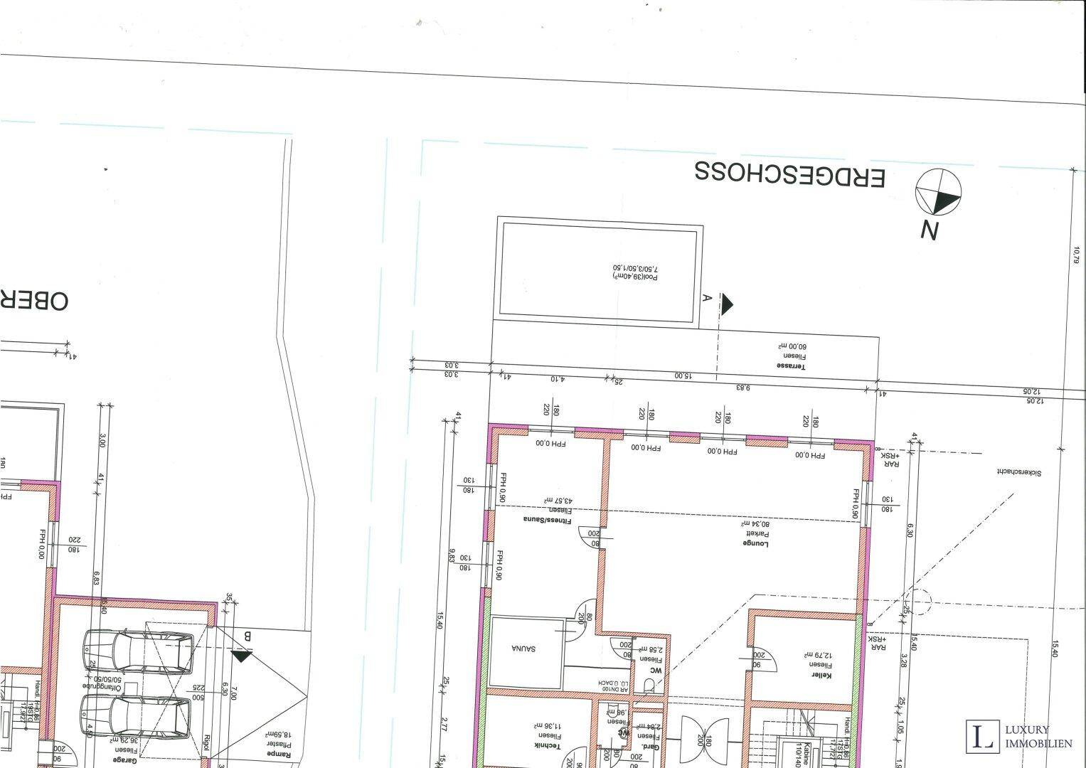 Grundriss des Erdgeschosses mit Sauna, Fitnessraum, Lounge und Außenpoolbereich.