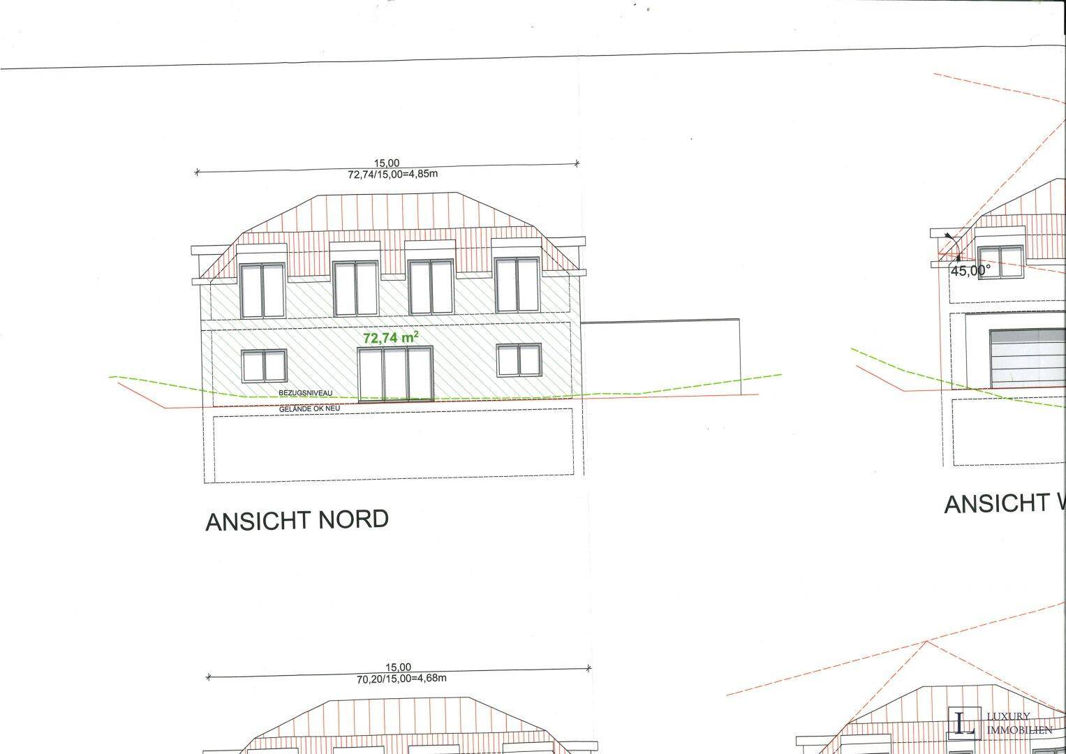 Architektonische Nordansicht des geplanten Gebäudes mit mehreren Fenstern und Dachform.