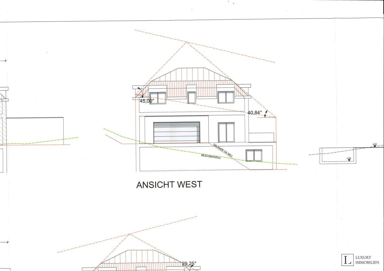 Architektonische Westansicht des geplanten Gebäudes mit Garage und Fenstern.