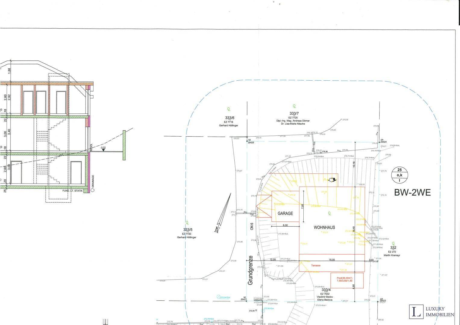 Lageplan des Baugrundstücks mit eingezeichnetem Wohnhaus, Garage und Terrassenbereich.