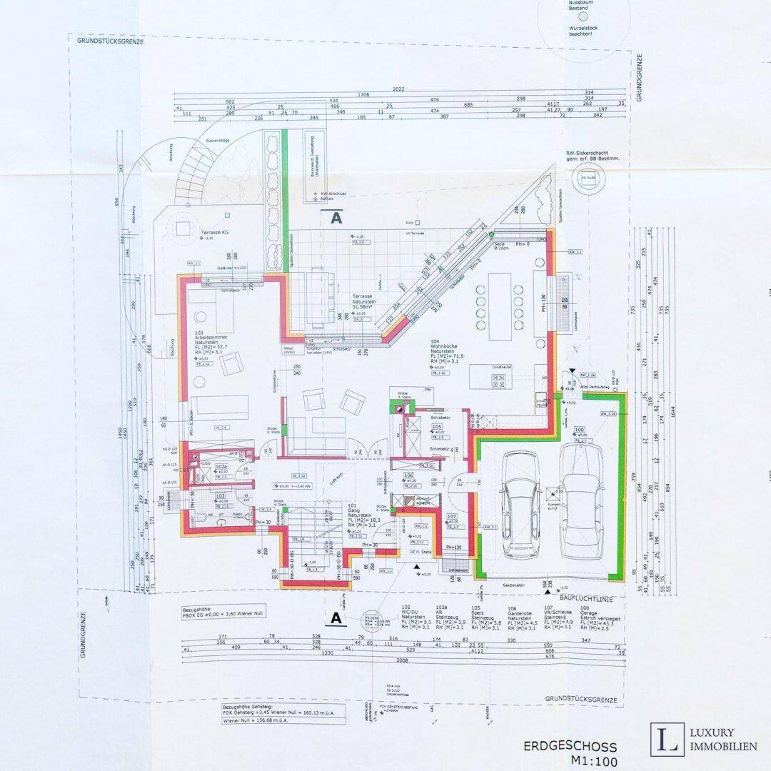 Grundriss des Erdgeschosses mit offenem Wohnbereich, Küche und Garage.