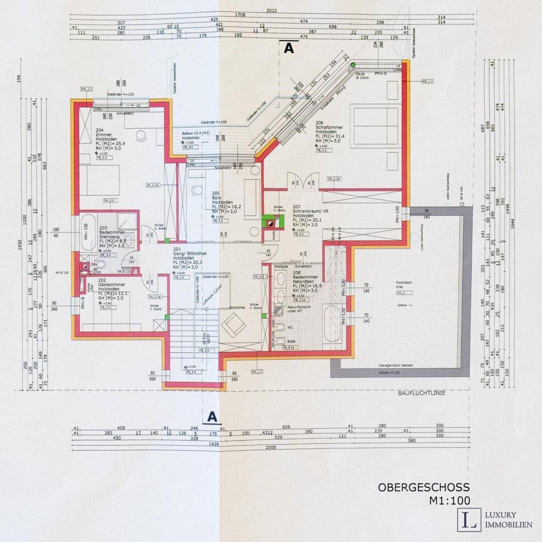 Grundriss des Obergeschosses mit Schlafzimmern, Büro und Bädern.