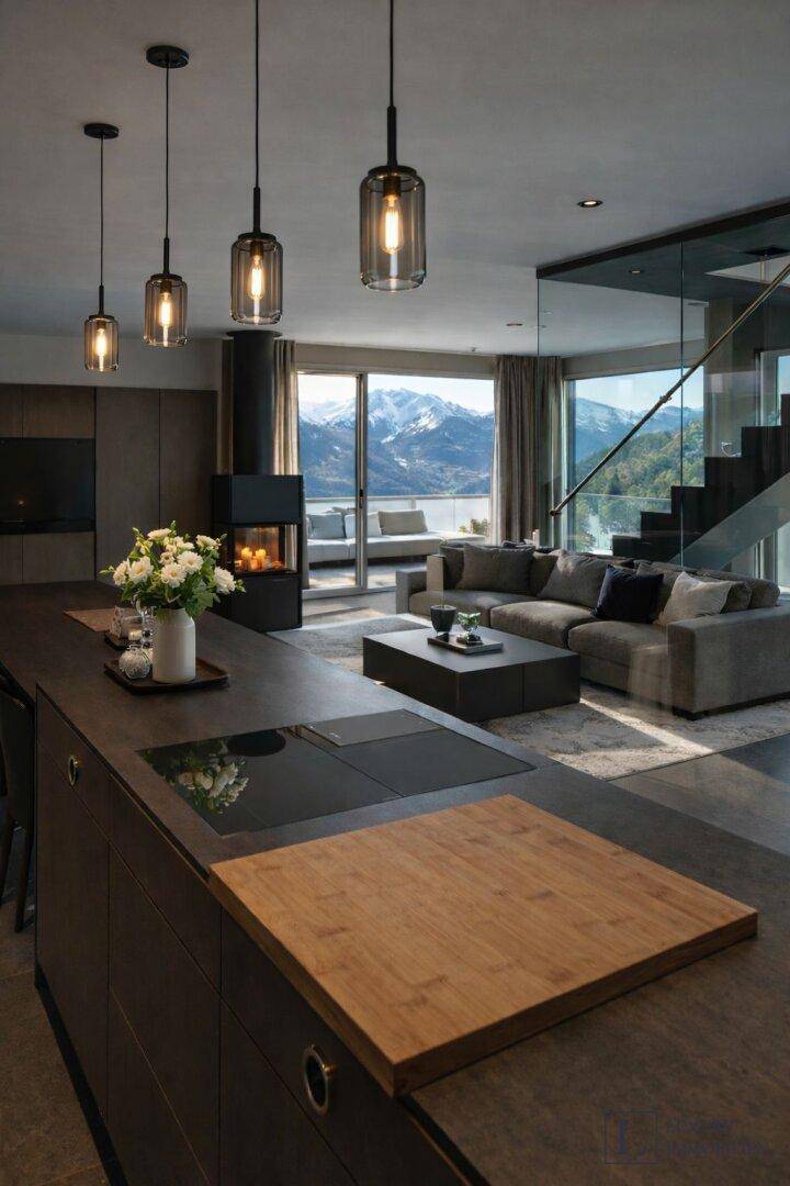 Offener Wohnbereich mit moderner Küche, Kamin und raumhohen Fenstern mit Panoramablick auf die Berge.