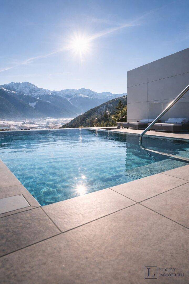 Exklusiver Infinity-Pool mit atemberaubendem Bergblick unter strahlend blauem Himmel.