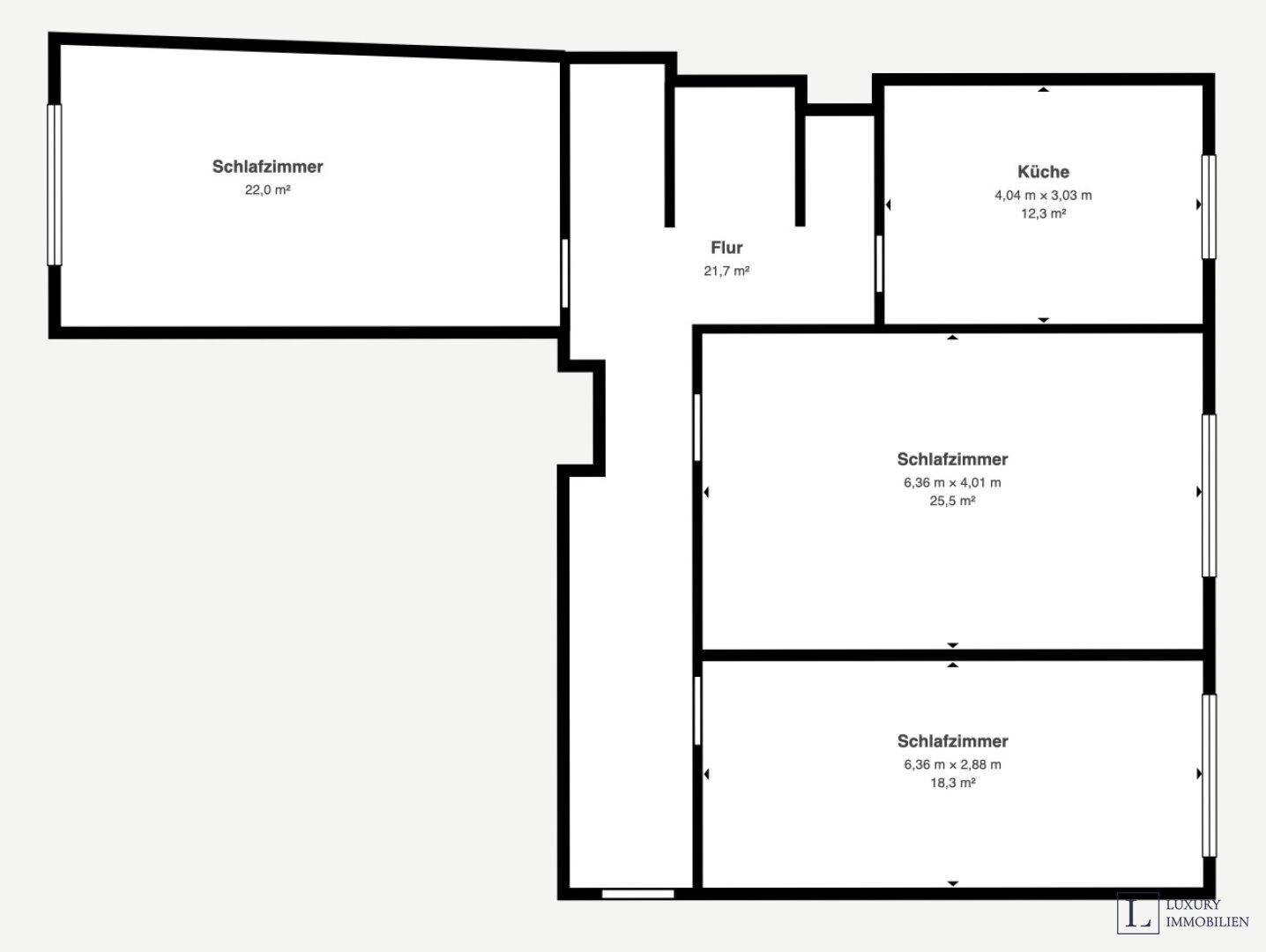Grundrissplan mit drei Schlafzimmern, Küche und Flur, inklusive Flächenangaben.