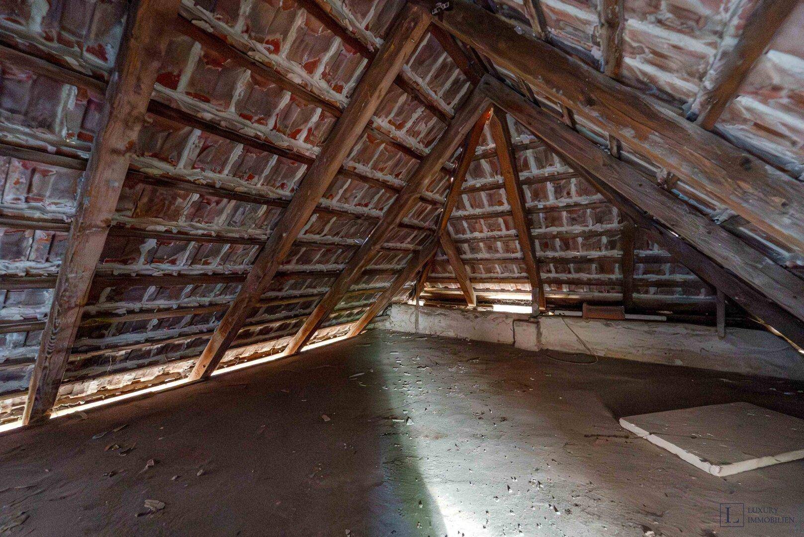 Detailansicht des Dachbodens mit sichtbaren Holzbalken und der Unterseite der Dachziegel.