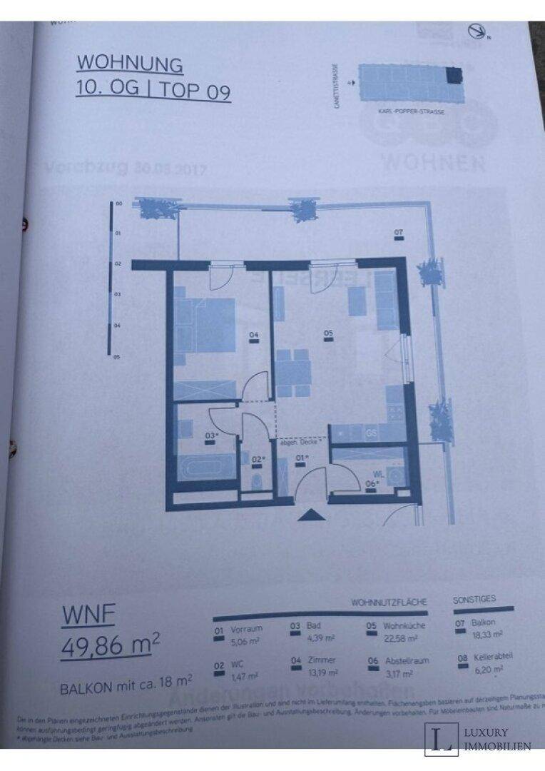 Gedruckter Grundriss einer Wohnung mit Raumaufteilung und Flächenangaben.