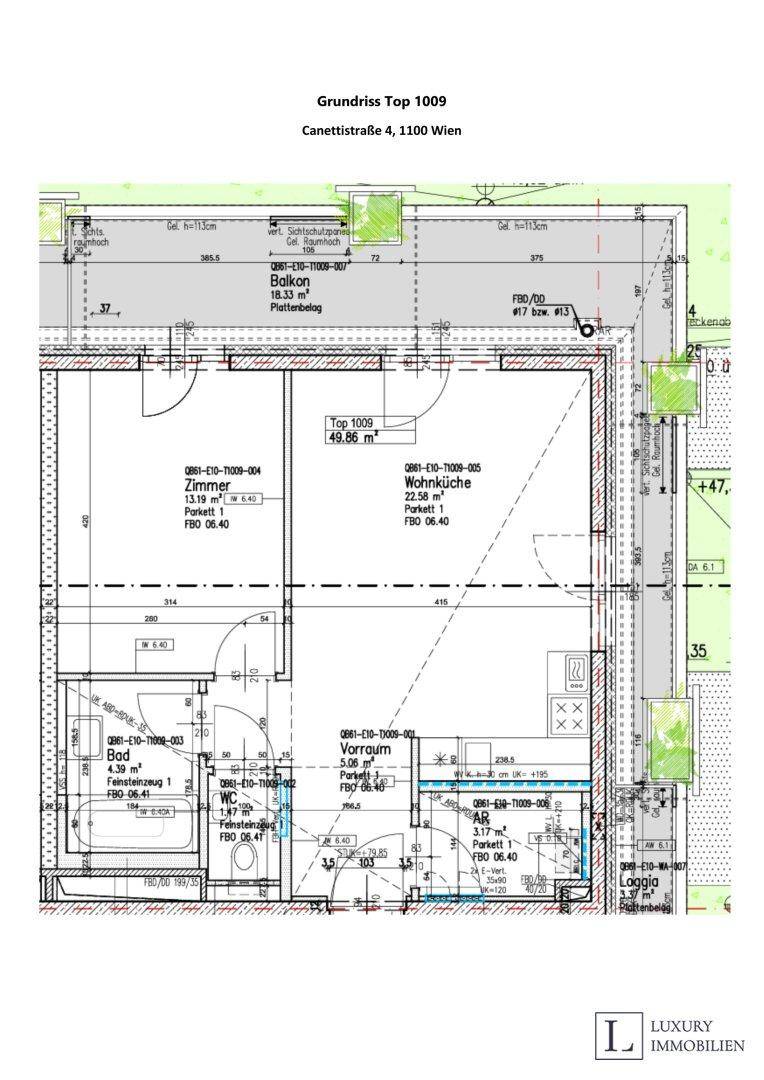 Detaillierter Grundriss der Wohnung Top 1009 mit Zimmern, Wohnküche und Balkon.