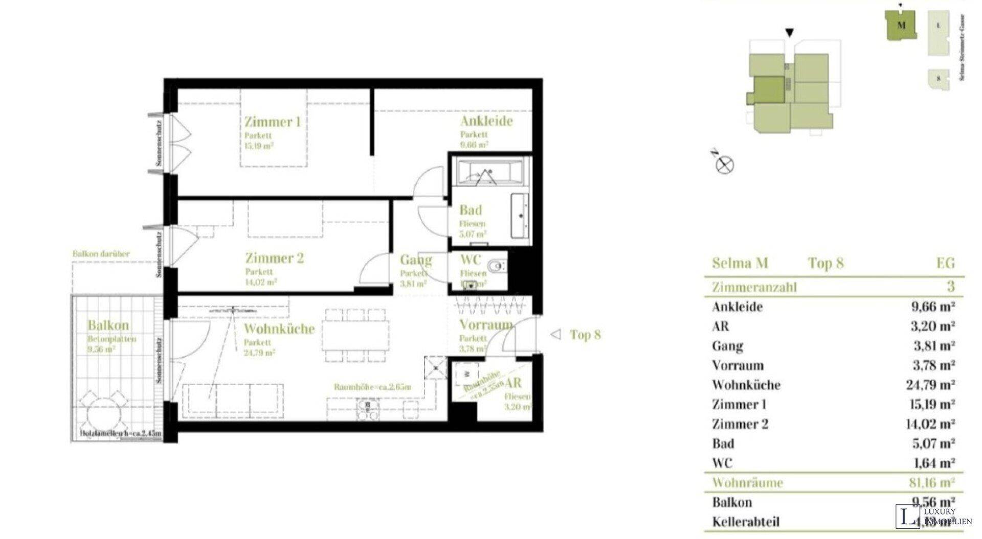 Grundriss einer Wohnung mit offener Wohnküche, zwei Zimmern, Ankleide, Bad und Balkon.