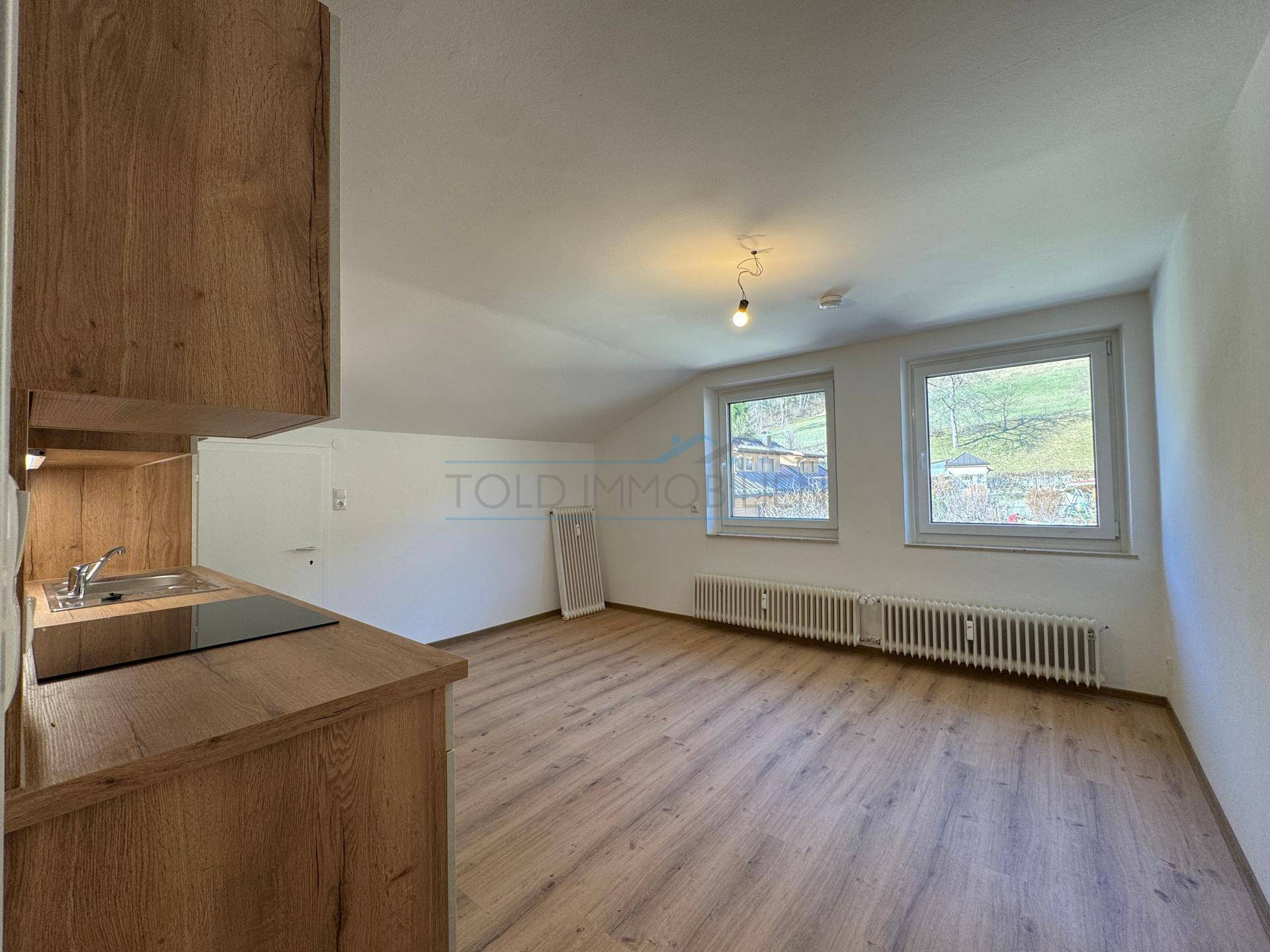 Helles Wohnzimmer mit Laminatboden, Dachschräge und Blick ins Grüne durch große Fenster.