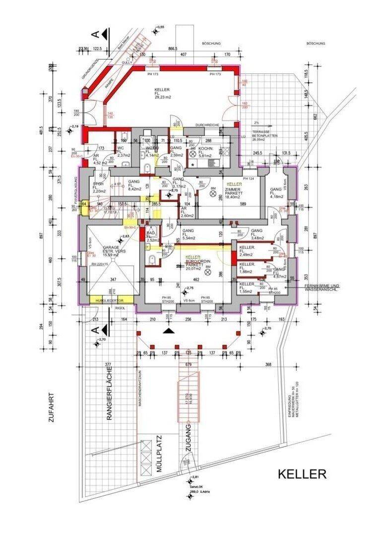 Grundriss des Kellers mit verschiedenen Kellerräumen und Zugang zur Zufahrt.