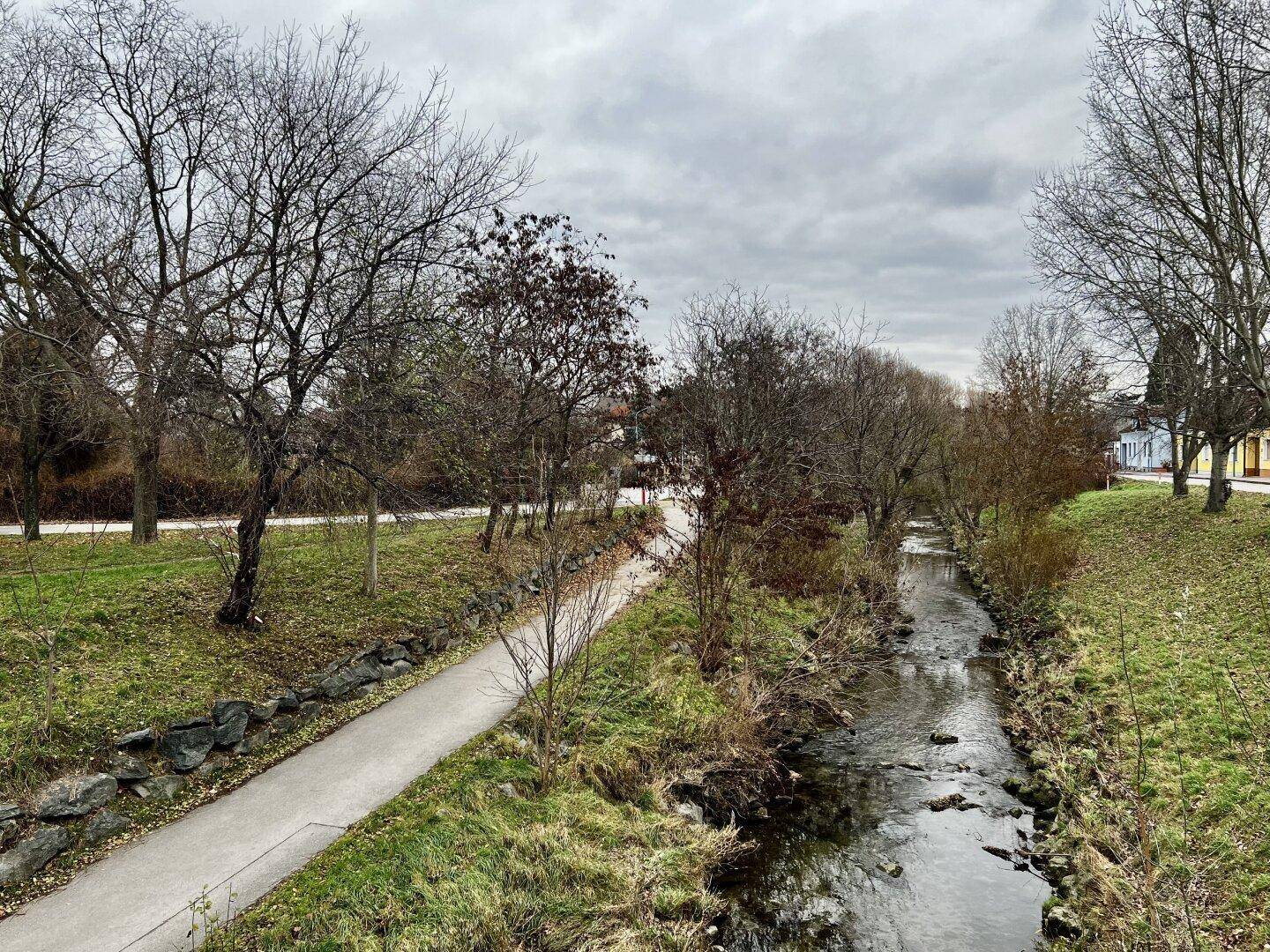 Flusslauf mit Spazierweg, umgeben von Bäumen und Grasflächen an einem bewölkten Tag.