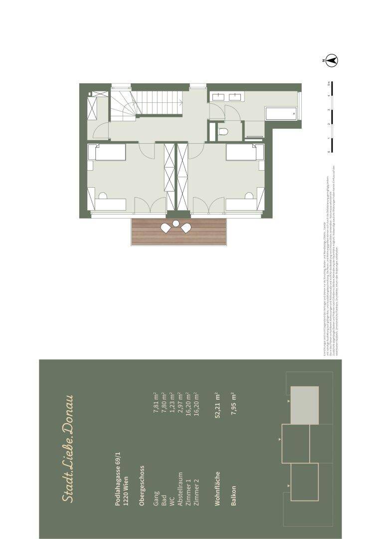 Grundriss des Obergeschosses mit zwei Schlafzimmern, Bad, separatem WC und Balkonzugang.