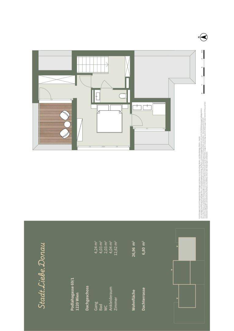 Grundriss des Dachgeschosses mit Schlafzimmer, Ankleidezimmer, Bad und großer Dachterrasse.