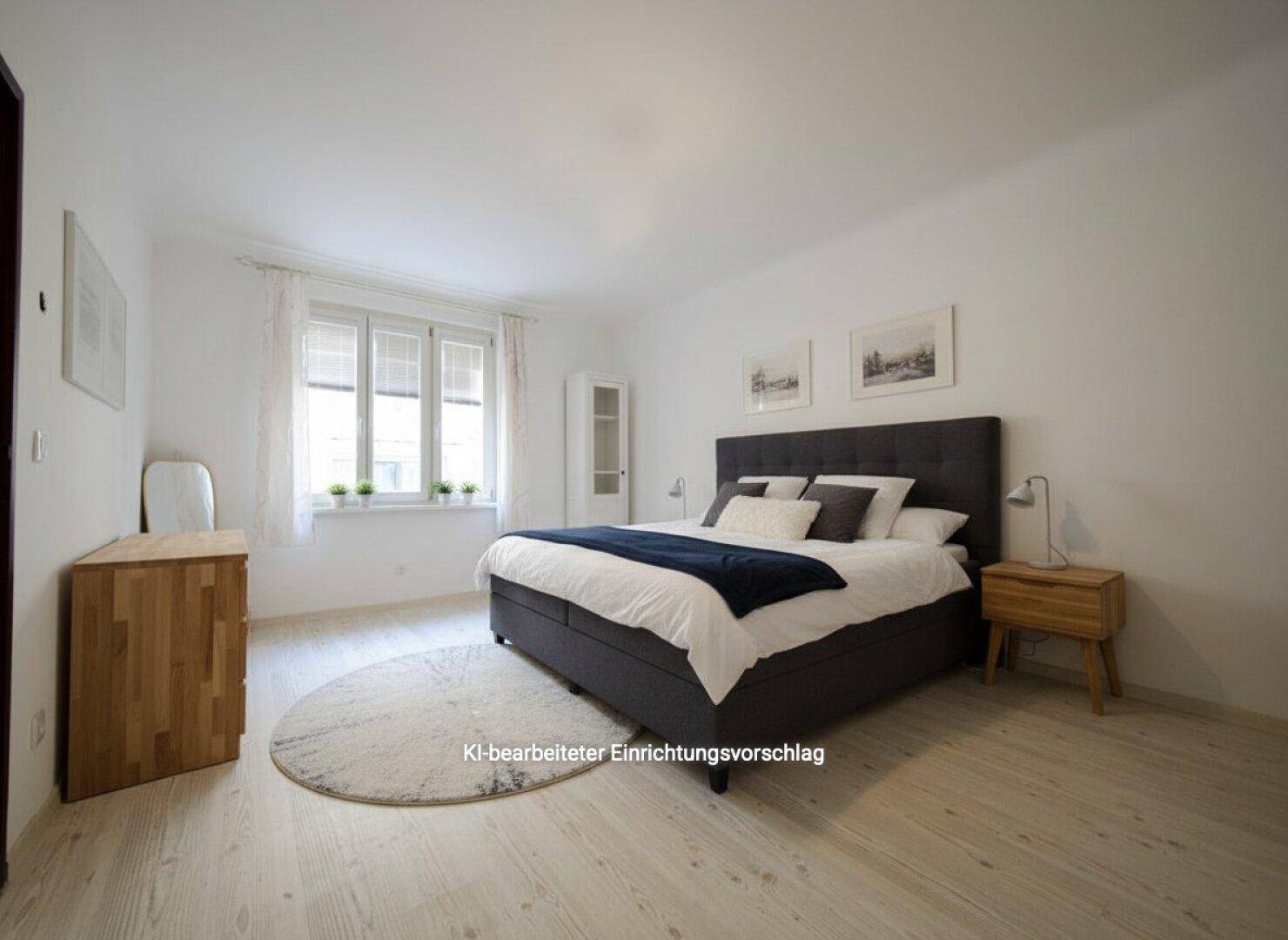 KI-bearbeiteter Einrichtungsvorschlag für ein Schlafzimmer mit Doppelbett und hellem Holzboden.