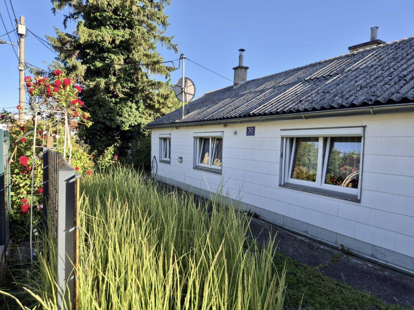 Die Seitenansicht eines Hauses mit weißen Fenstern, Rollläden und einem grünen Gartenbereich.