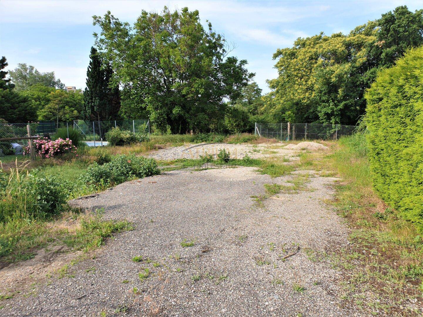 Weitläufige Schotterfläche auf einem Grundstück mit umgebenden Bäumen und einer dichten Hecke.