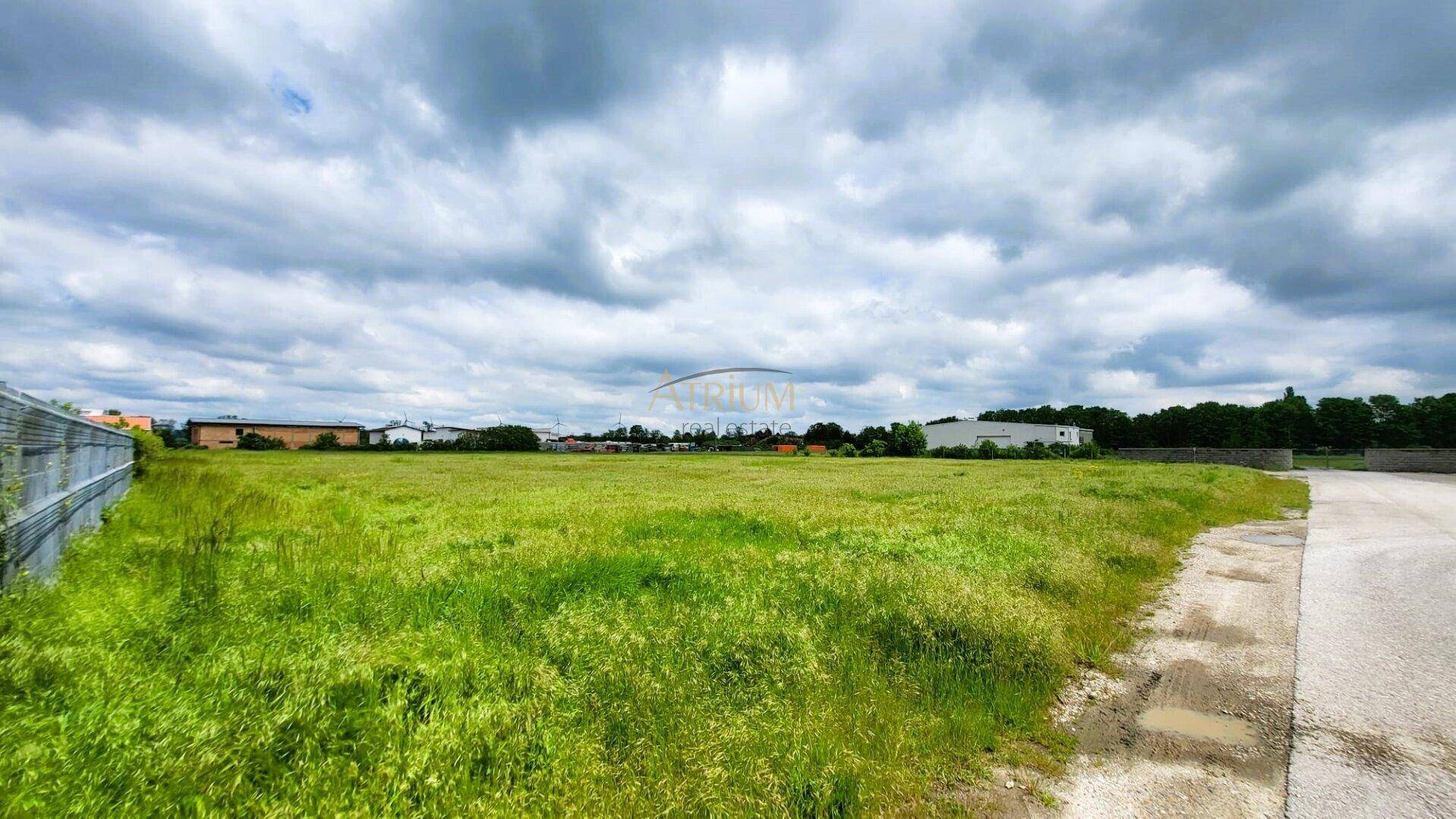 Weitläufiges grünes Grundstück unter bewölktem Himmel mit Blick auf entfernte Gebäude.