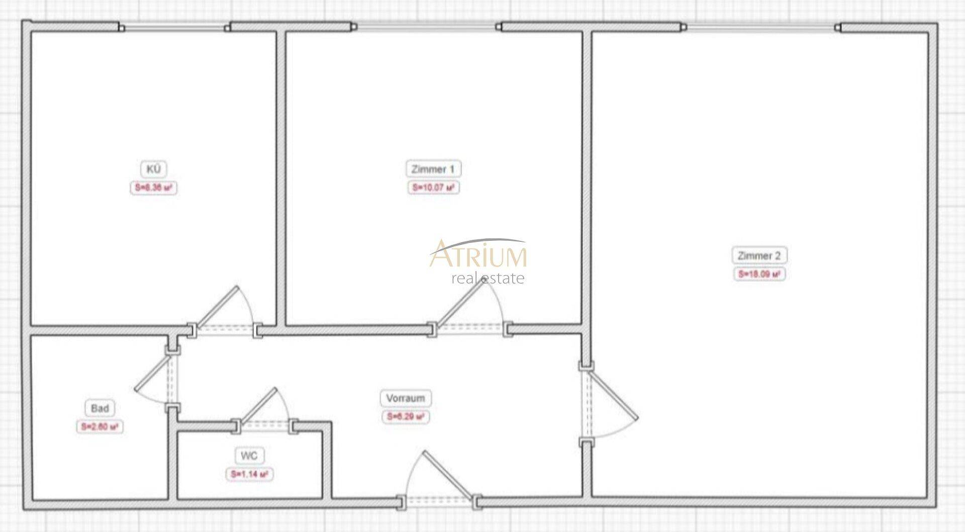 Grundriss der Wohnung mit Küche, Bad, WC, Vorraum und zwei Zimmern.