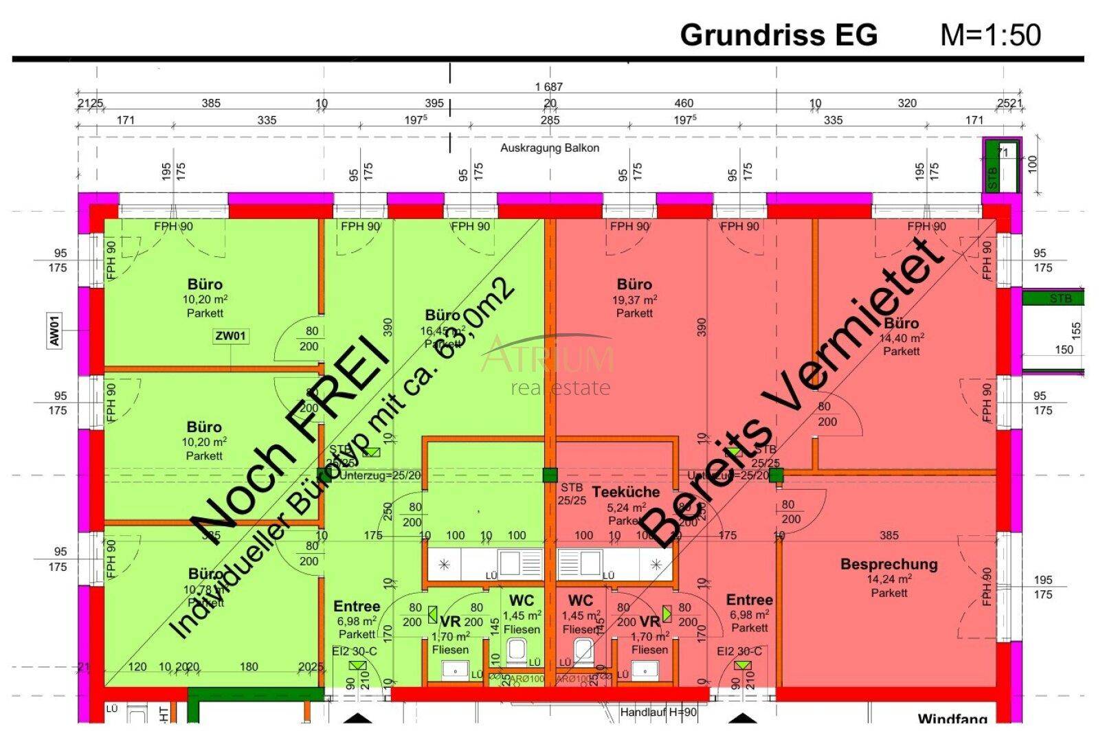 Grundriss des Erdgeschosses mit Büros, Teeküche und Toiletten, teilweise vermietet.
