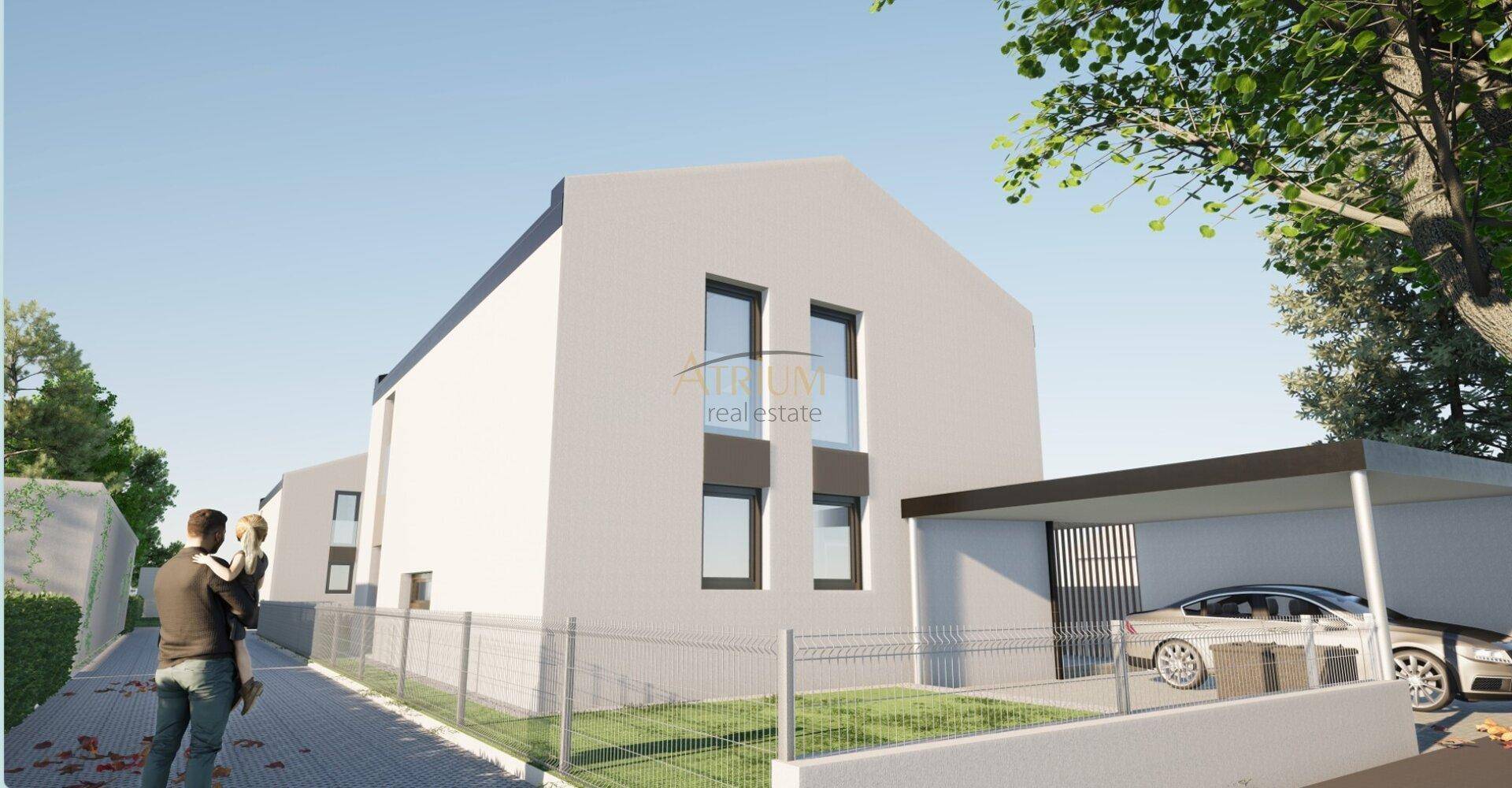 Neubau-Haus mit moderner Architektur, Garten und überdachtem Stellplatz für ein Auto.