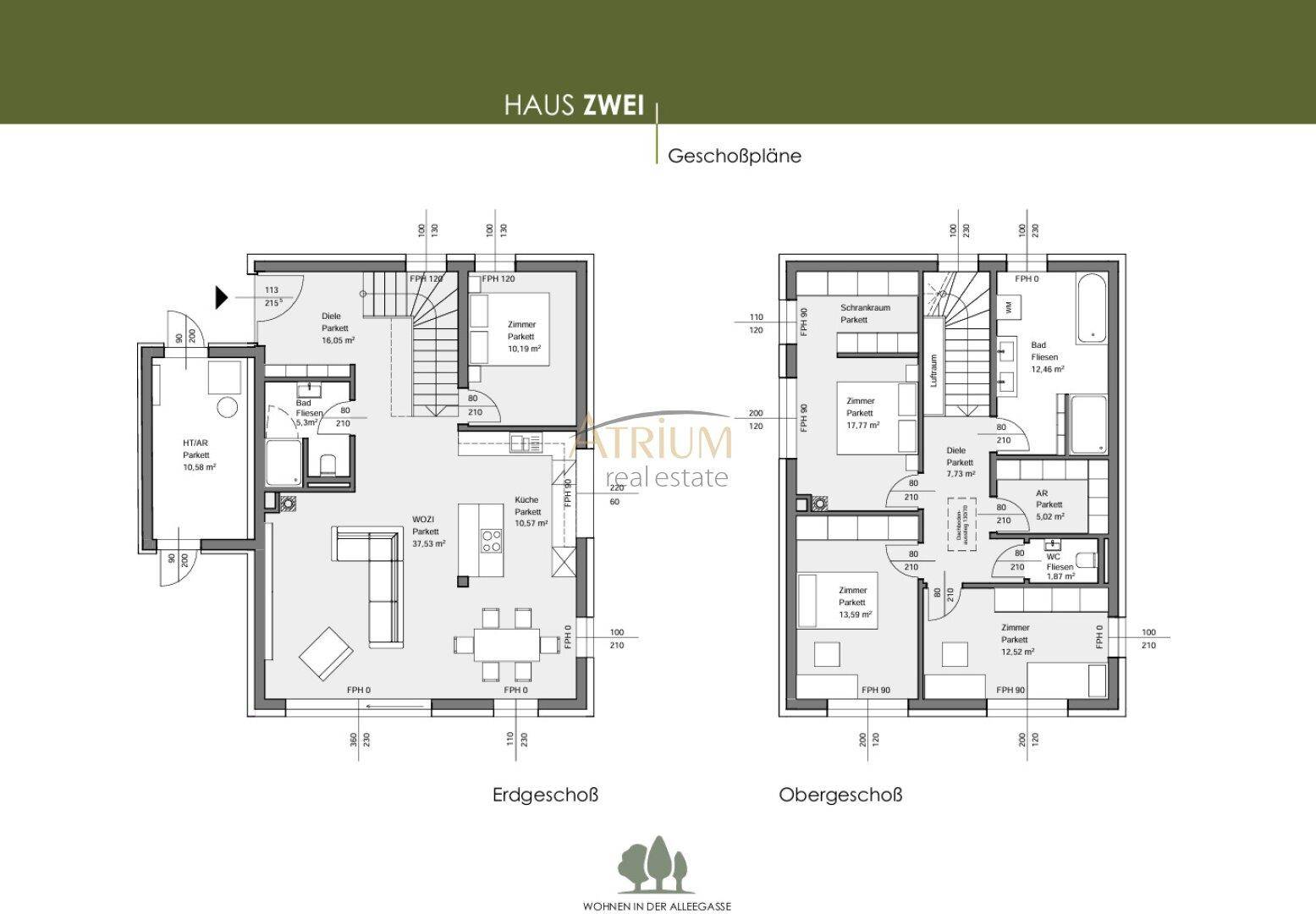 Grundriss für Haus Zwei mit Erdgeschoss und Obergeschoss, inklusive Raumaufteilung.