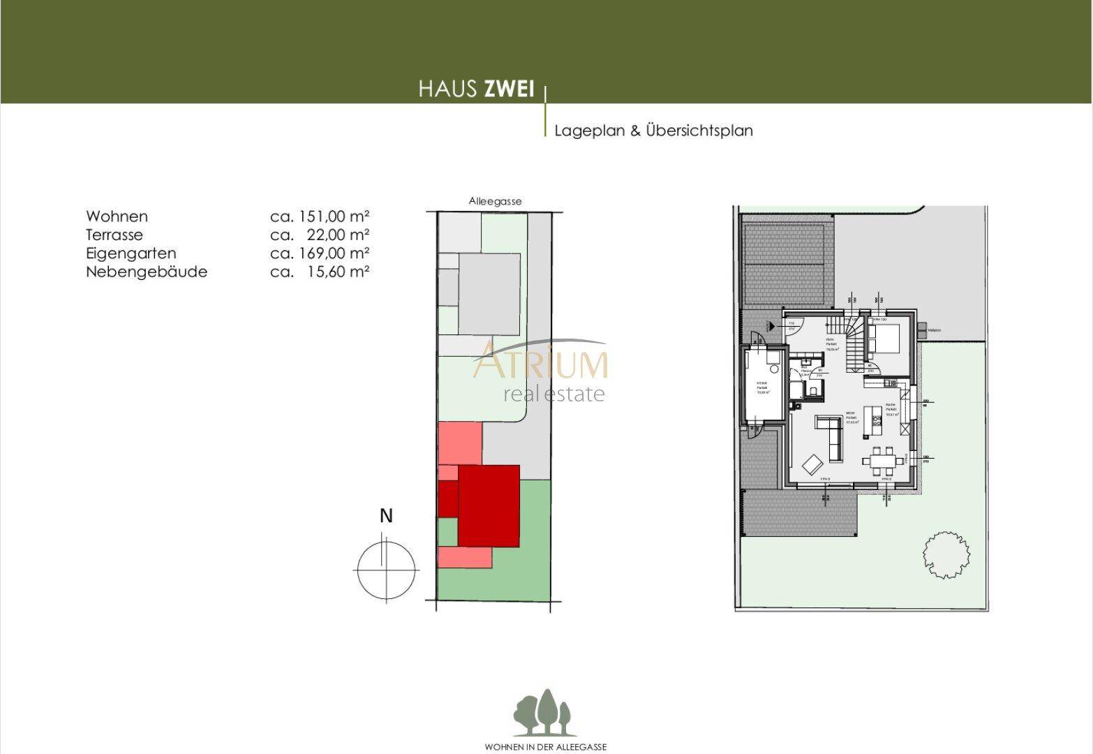 Lageplan und Übersichtsplan für Haus Zwei mit Grundstücksaufteilung und Flächenangaben.
