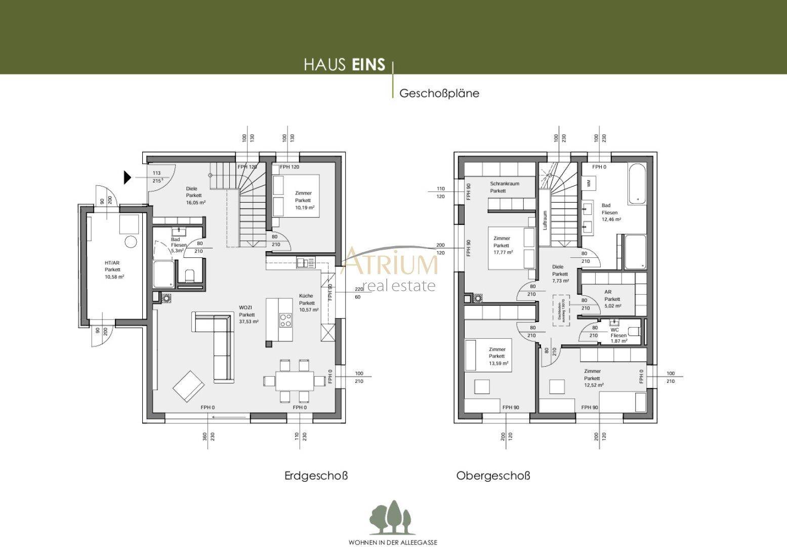 Grundriss für Haus Eins mit Erdgeschoss und Obergeschoss, inklusive Raumaufteilung.