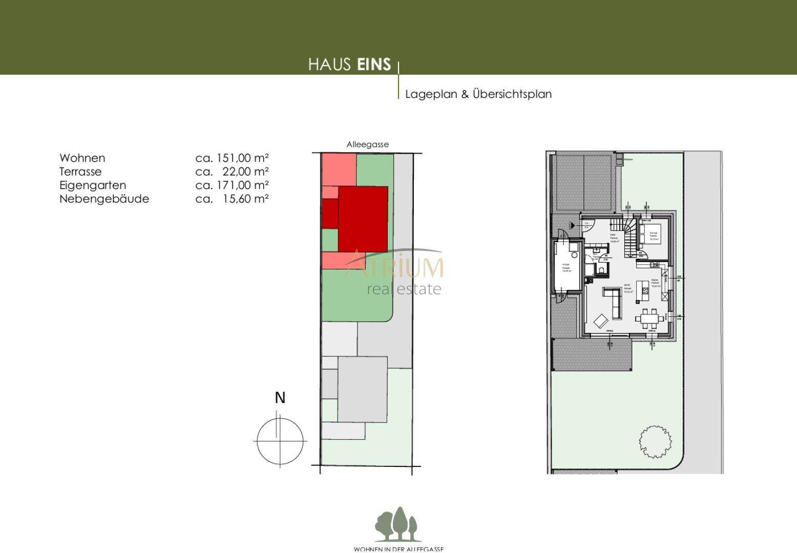 Lageplan und Übersichtsplan für Haus Eins mit Grundstücksaufteilung und Flächenangaben.