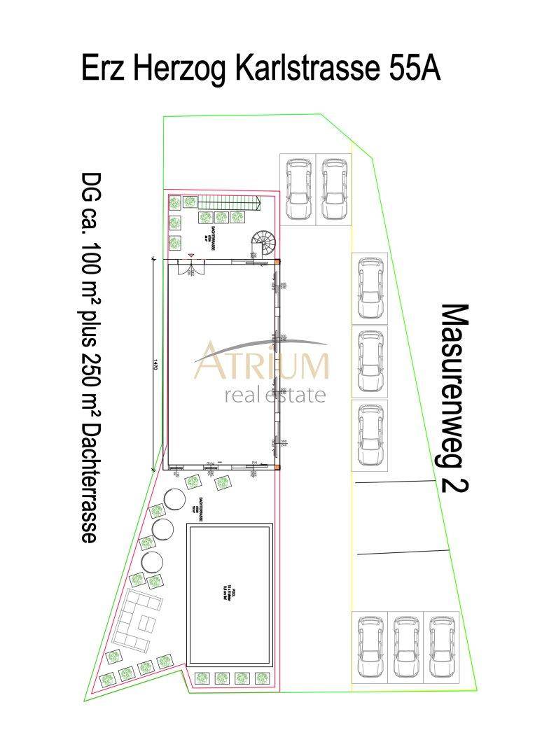 Grundrissplan mit Gebäudekontur, Parkplätzen und einer Dachterrasse mit Möblierung.