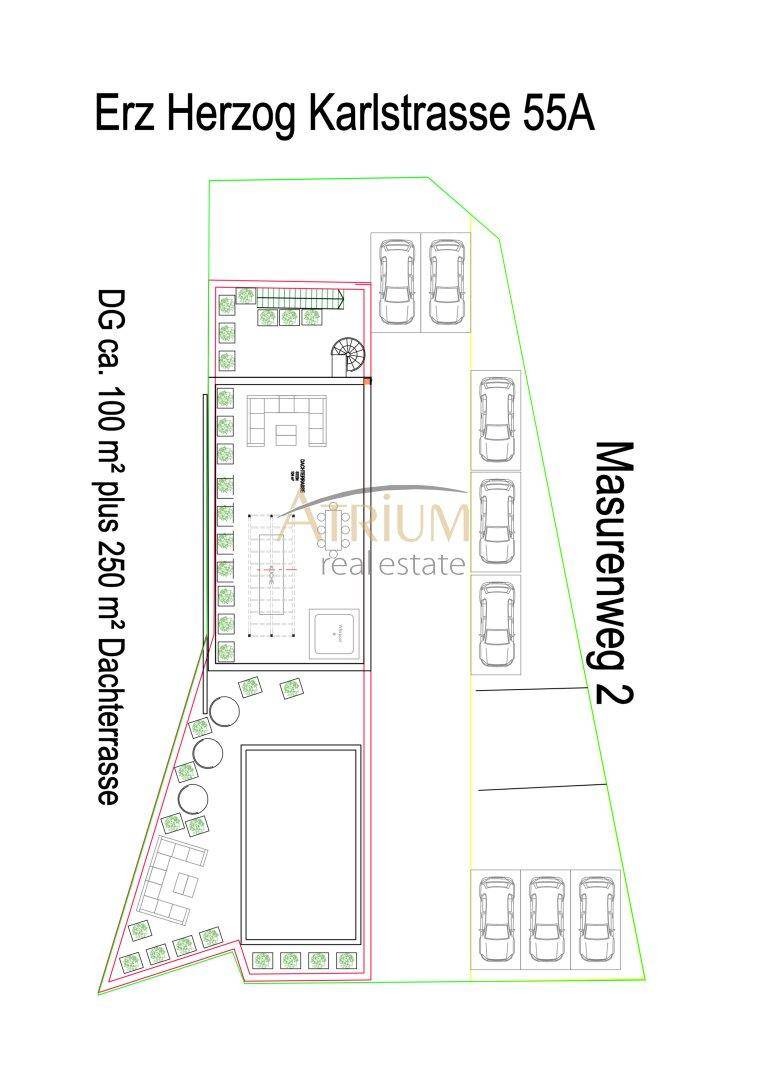 Grundrissplan mit Gebäudekontur, Parkplätzen und einer Dachterrasse mit Möblierung.
