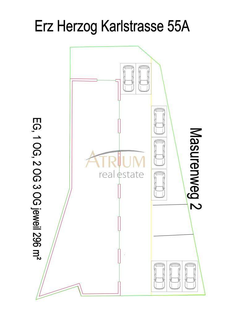 Grundrissplan mit Gebäudekontur und mehreren eingezeichneten Parkplätzen.