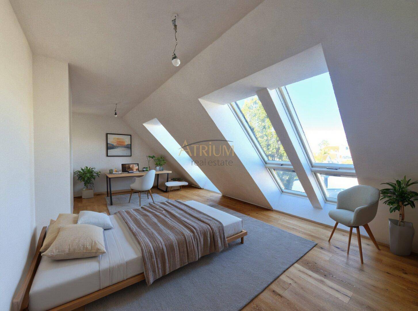 Modern eingerichtetes Schlafzimmer mit Holzboden, schrägen Decken und großen Dachfenstern für viel Licht.