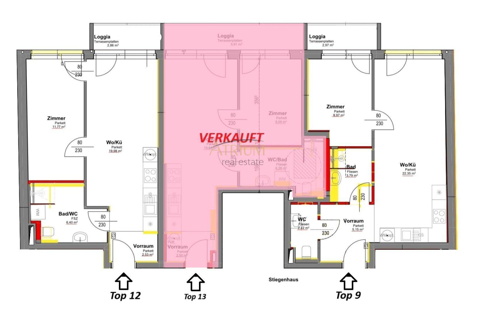 Grundrissplan mit drei Wohneinheiten, inklusive Zimmern, Bädern und Loggien.