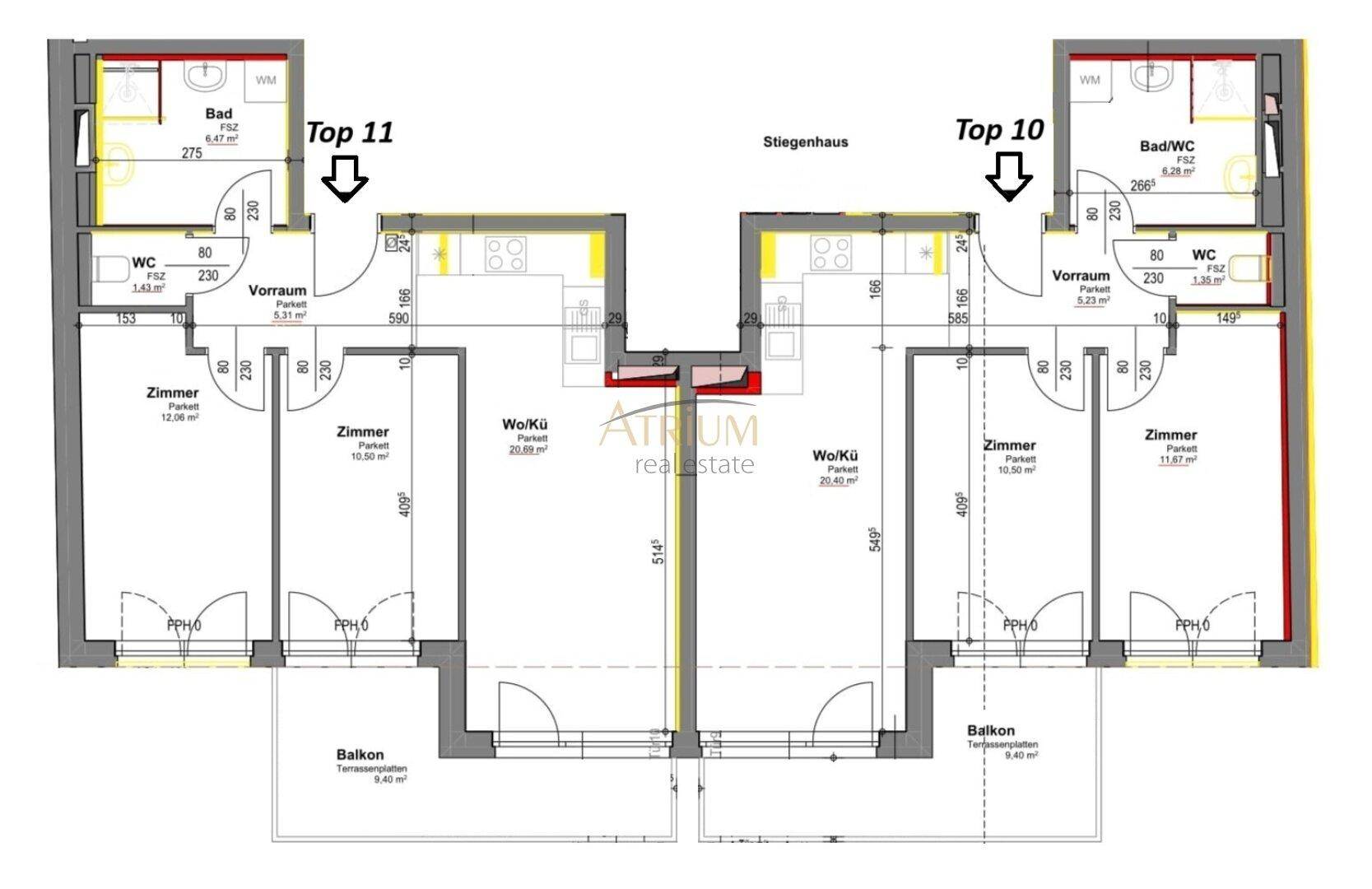 Grundrissplan von zwei Wohneinheiten mit Balkonen, Bädern und offenen Wohnküchen.