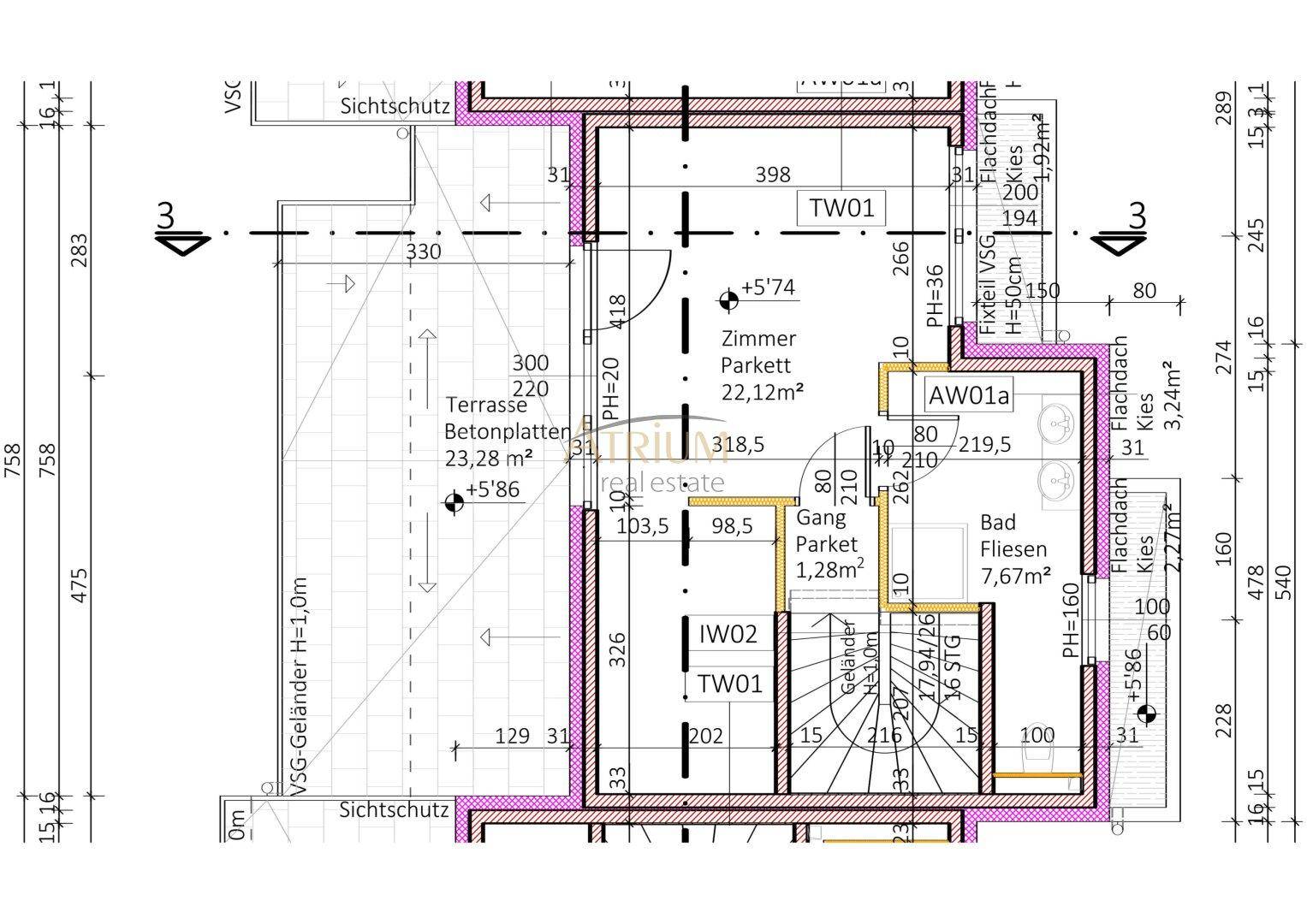 Grundriss des Dachgeschosses mit einem Zimmer, Badezimmer und großer Dachterrasse.