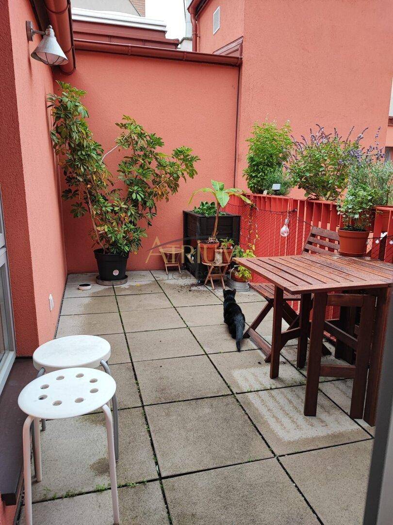 Gemütliche Terrasse mit Fliesenboden, Topfpflanzen und einem kleinen Esstisch im Freien.