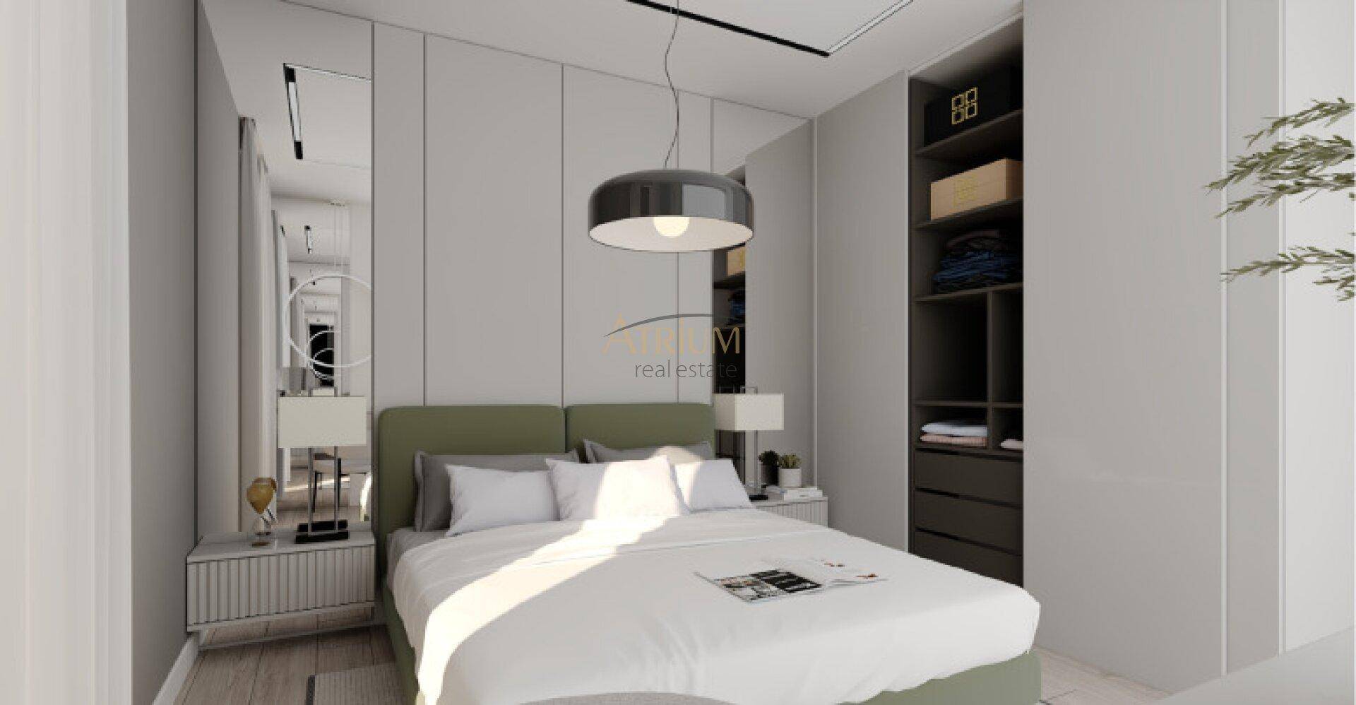 Modernes Schlafzimmer mit Doppelbett, Nachttischen und integriertem Kleiderschrank.