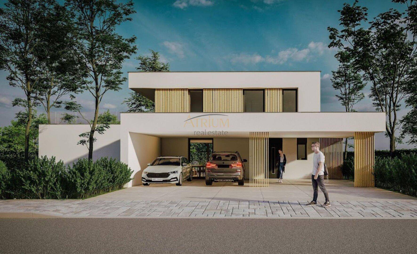 Elegante Frontansicht der modernen Villa mit Carport und gepflegter Auffahrt.