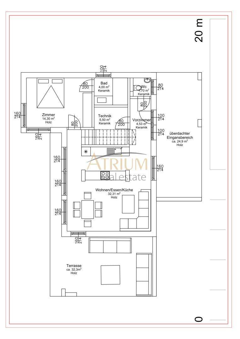 Grundriss des Erdgeschosses mit offenem Wohn-/Essbereich, Küche, Terrasse und einem Zimmer.