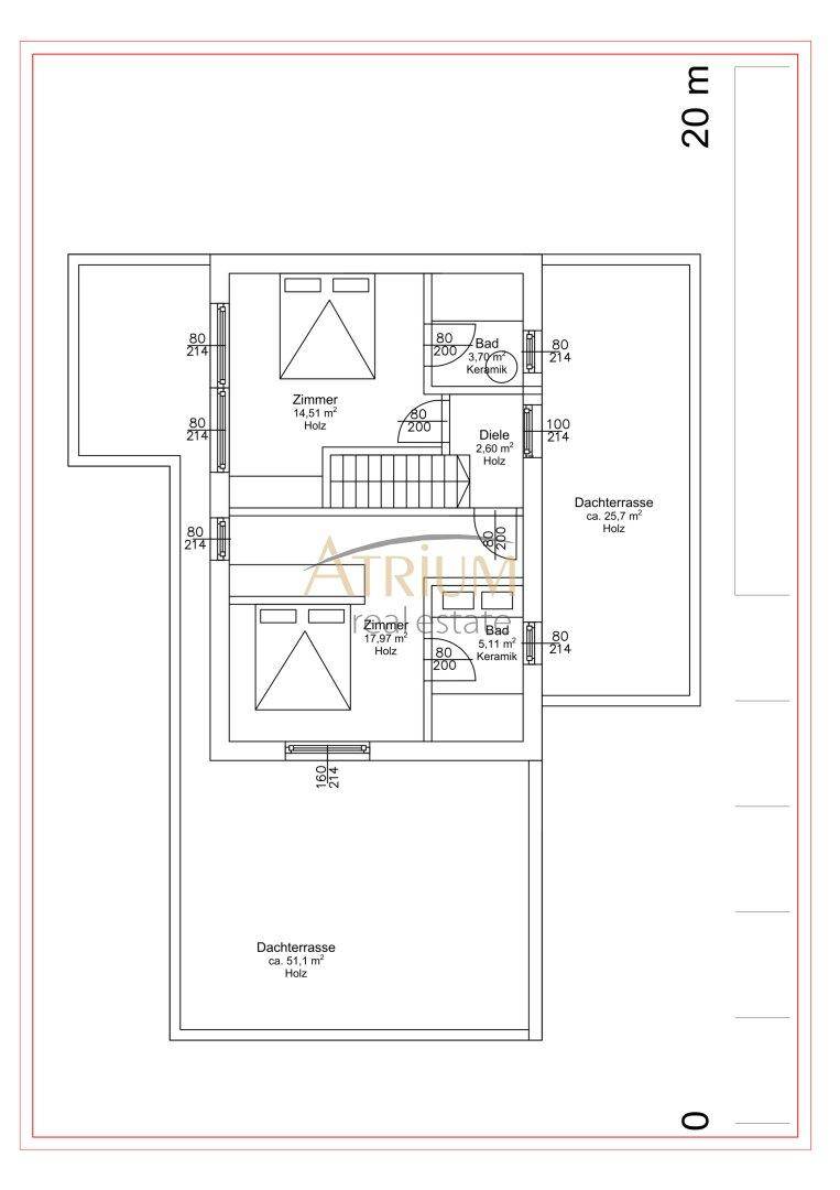 Grundriss des Obergeschosses mit zwei Schlafzimmern, Bädern und zwei Dachterrassen.