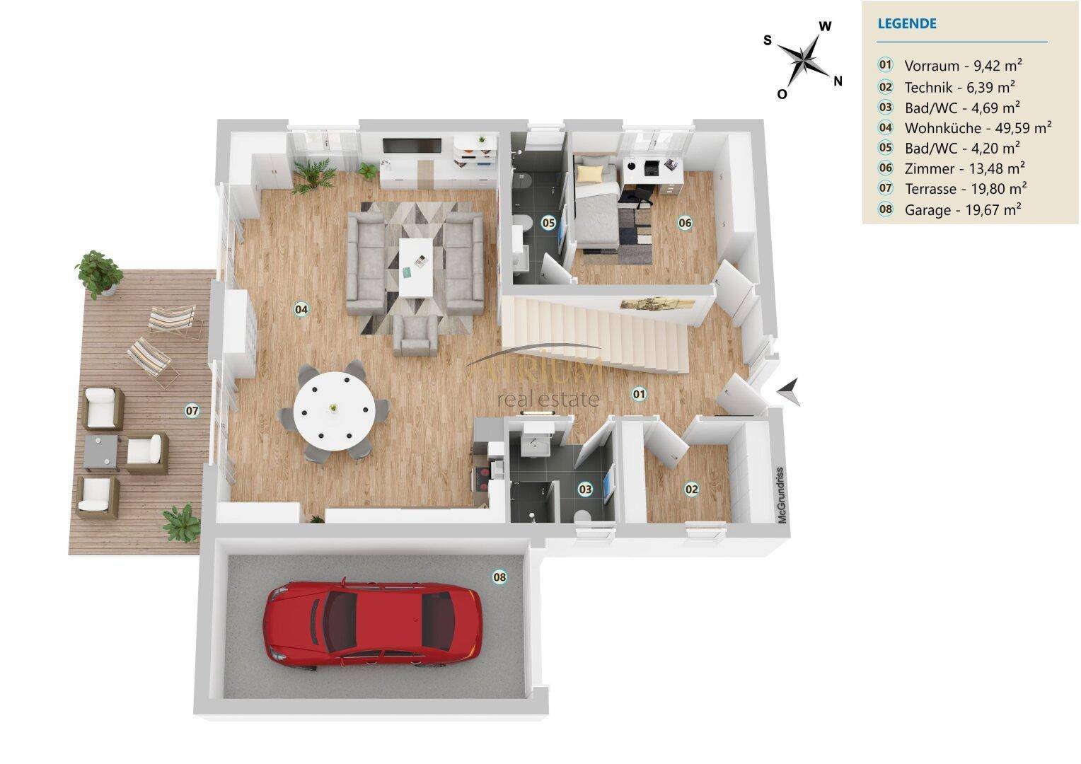 Detaillierter 3D-Grundriss des Erdgeschosses mit offener Wohnküche, Terrasse und Garage.