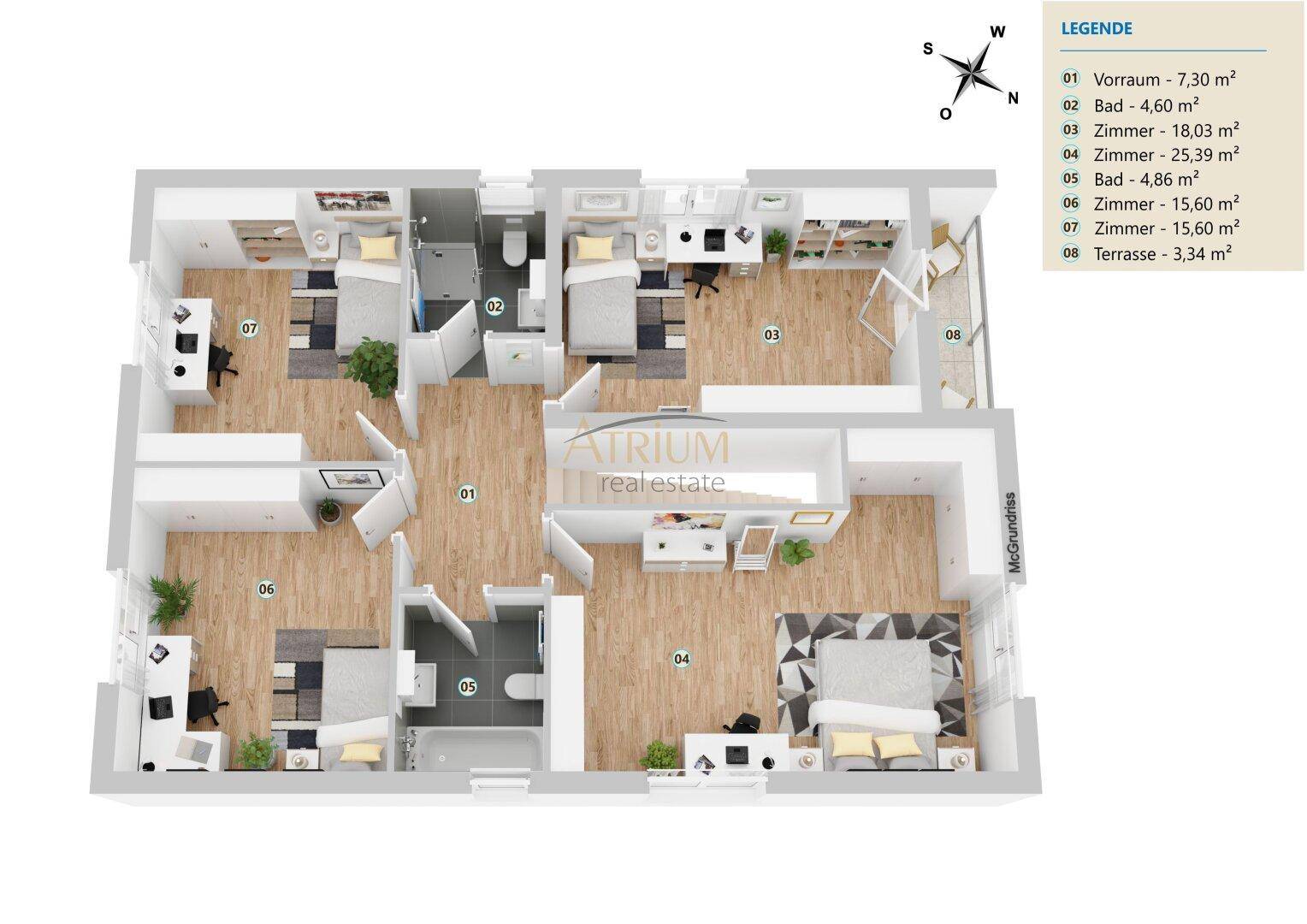 Detaillierter 3D-Grundriss des Obergeschosses mit mehreren Schlafzimmern und Bädern.