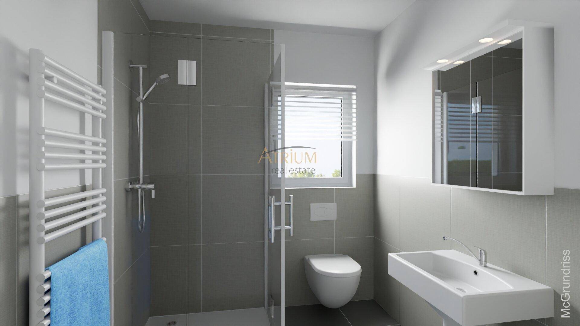 Modernes Badezimmer mit Duschkabine, Waschbecken, WC und Spiegelschrank.