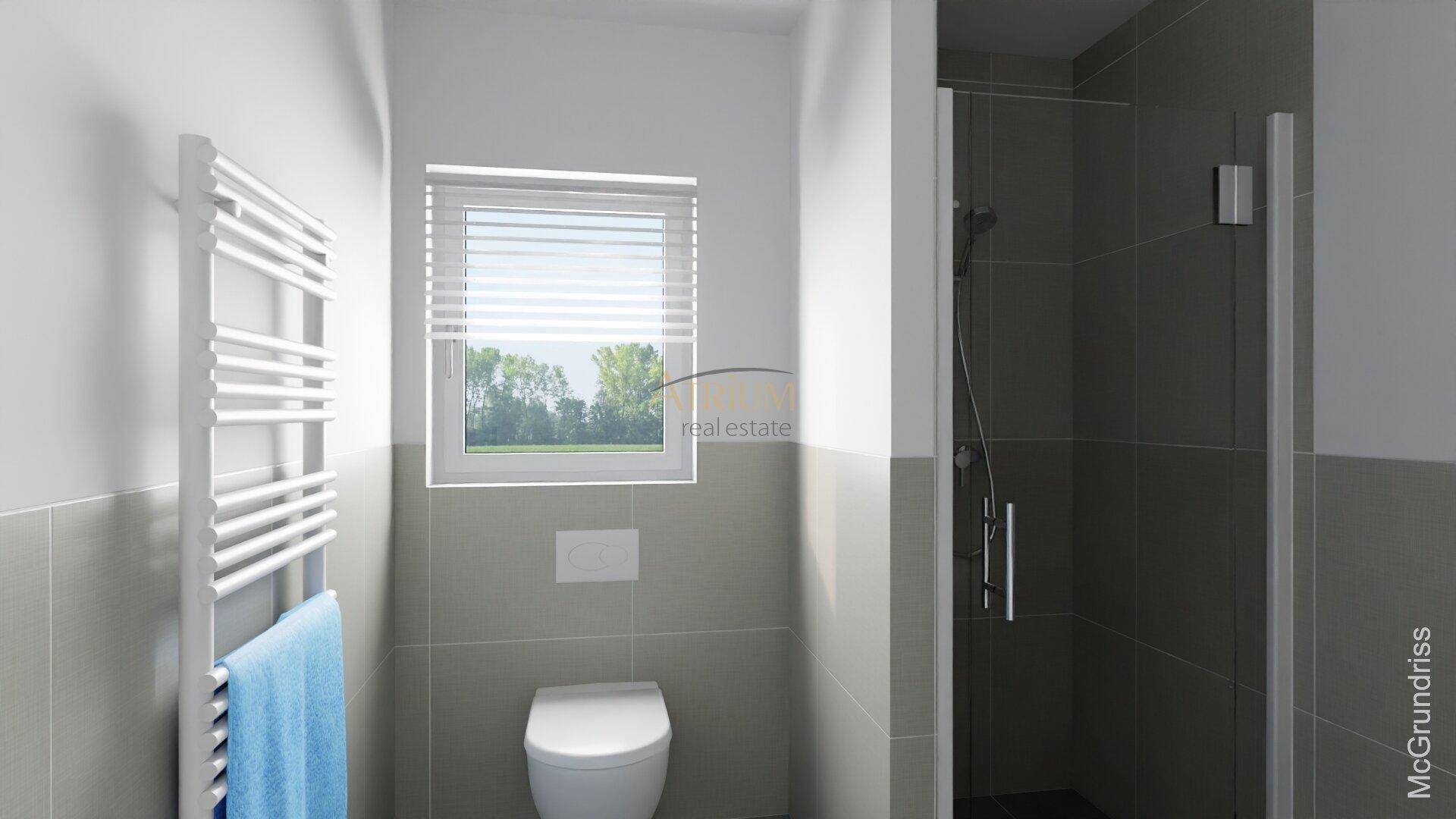 Modernes Badezimmer mit Dusche, WC, Fenster und beheiztem Handtuchhalter.