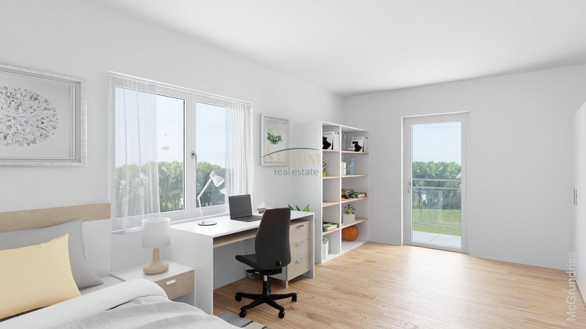 Schlafzimmer mit Zugang zum Balkon, Schreibtisch und viel natürlichem Licht.