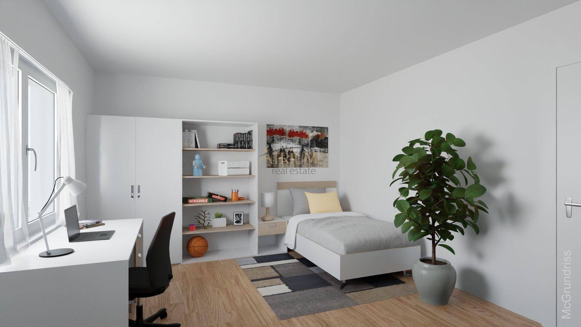 Modern eingerichtetes Schlafzimmer mit Schreibtisch, Stauraum und hellem Holzboden.